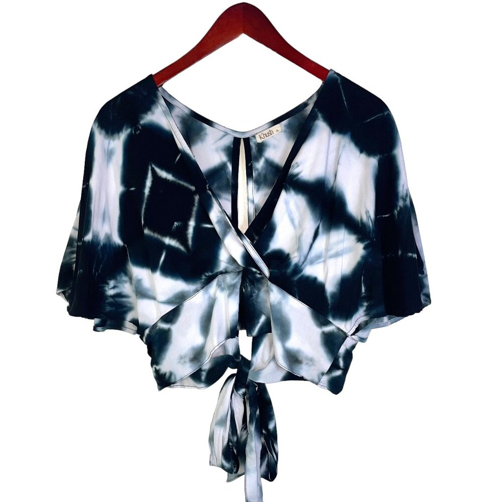 Khush Cropped Tie-Dye Surplice Top tie-back flutter sleeve black white women XL